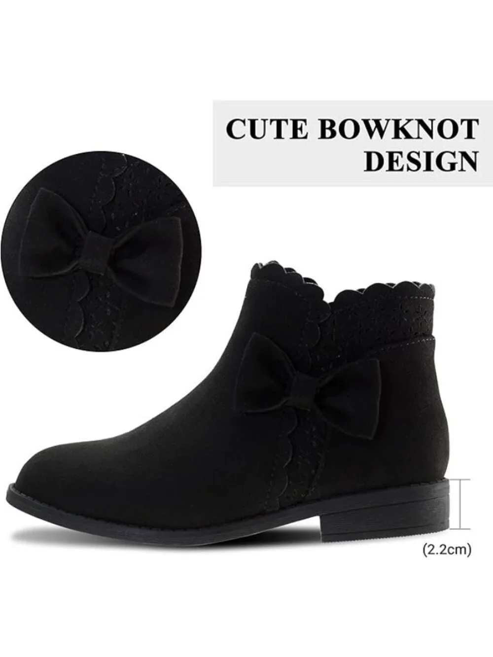 Lselom Girls Size 11 Boots Ankle Black Bow Scalloped Trim Side Zipper Low Heel